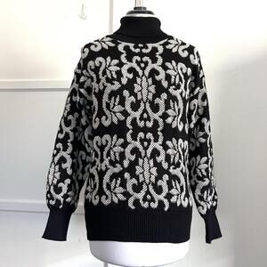 Vintage Meister Black White Damask Après-Ski Sweater Turtleneck Wool Blend S